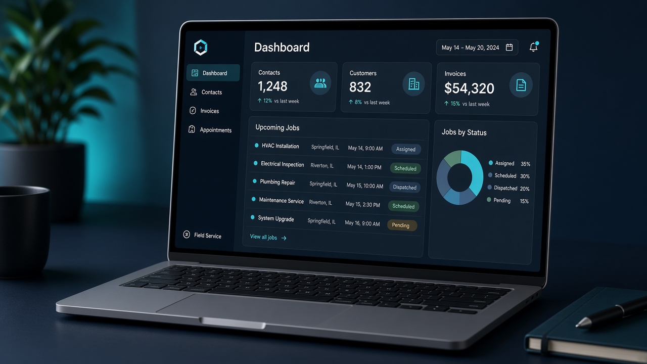 LightserveCRM dashboard on a laptop in a service-company workspace